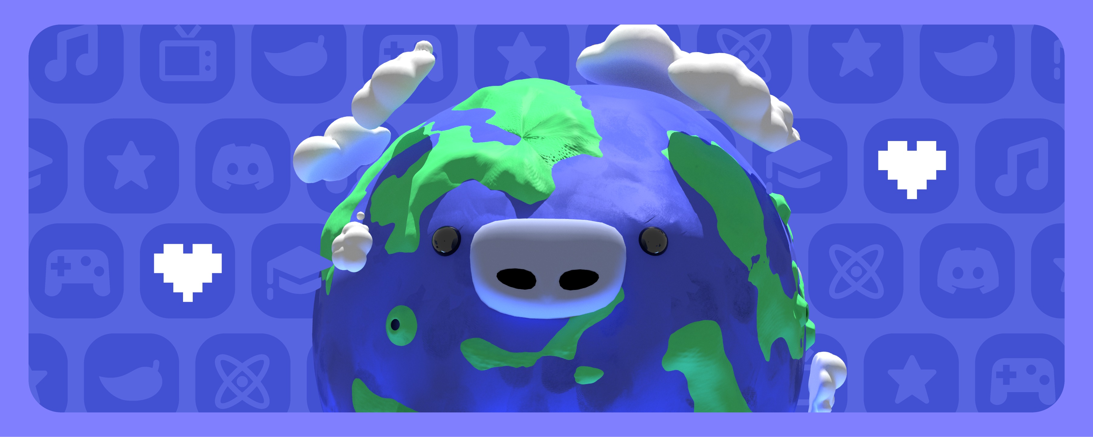 A claymation-like visual of the Earth with Wumpus’ nose and eyes. On the background is a collage of icons showing stars, controllers, leafs, televisions and the Discord logo. 