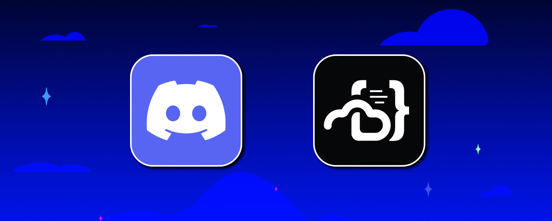 The Discord and Coder logos in front of a background of a saturated night sky.