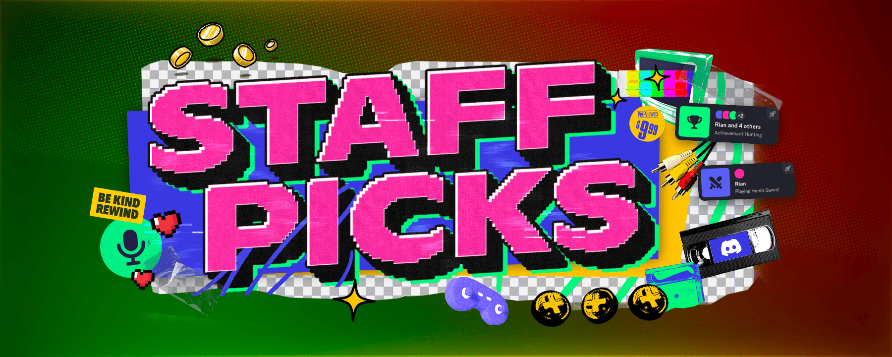 A stylized header that says “Staff Picks.” Icons and imagery of gamepads, microphone icons, VHS tapes, and in-app Activity statuses. 