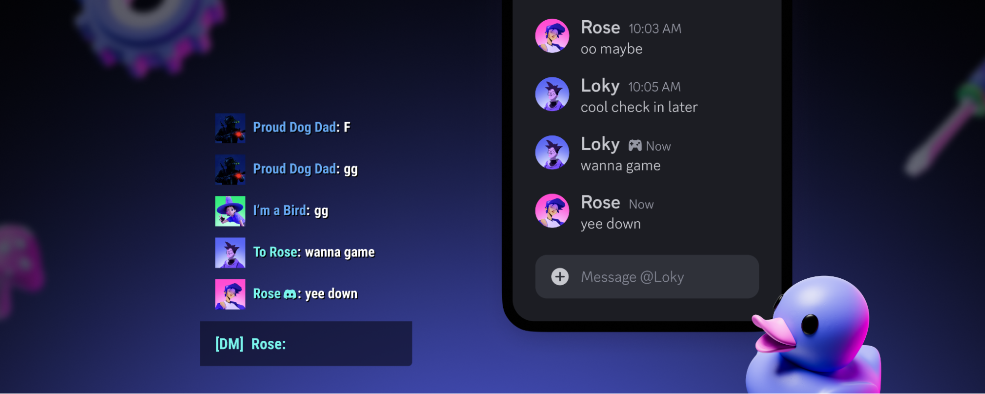 A Discord text conversation being shown simultaneously in Discord and in a video game’s text chat system.