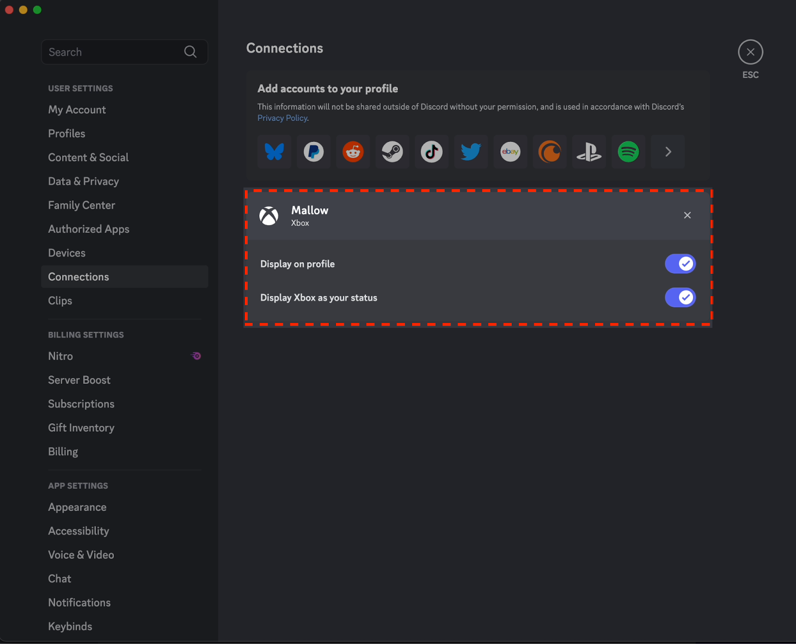 Account connection settings for Xbox.
