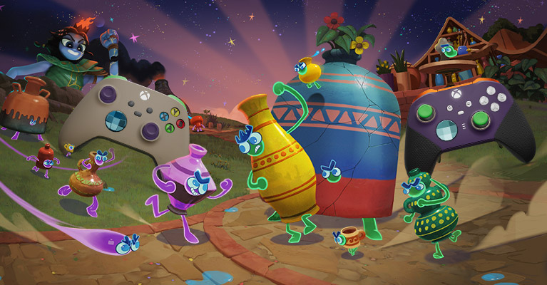 Two customized Xbox Design Lab controllers floating between anthropomorphic clay pots and other characters from Kiln charging at each other menacingly.